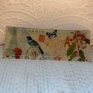 Vintage Paris Glass Decoupage Tray Eiffel Tower Bird French Shabby Chic Decor